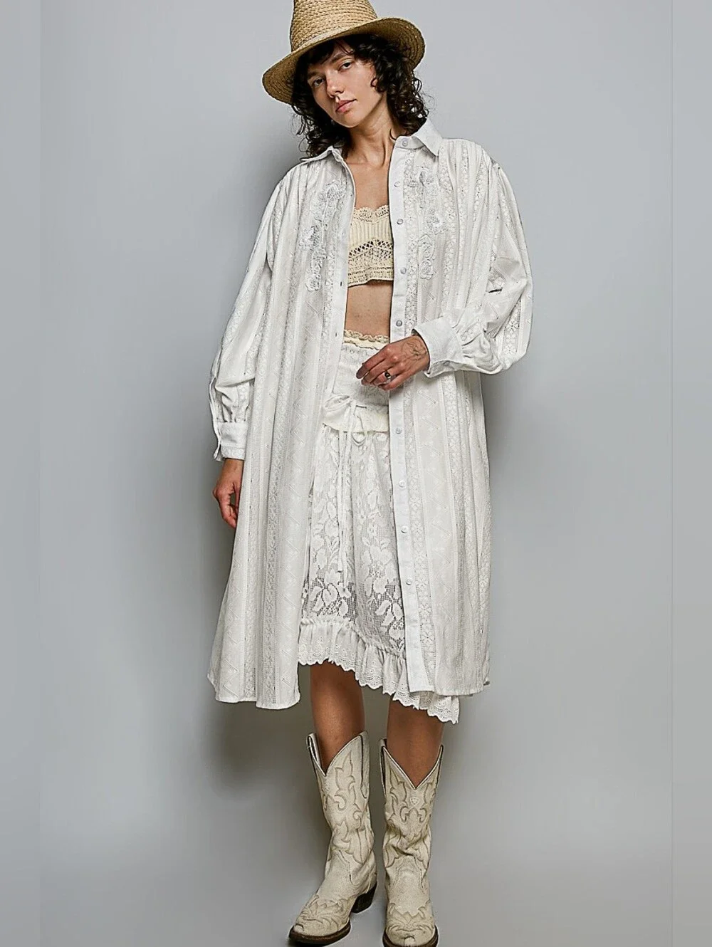 POL Ivory Embroidered Midi Dress with Puff Sleeves OVERSIZED - Picture 5 of 6